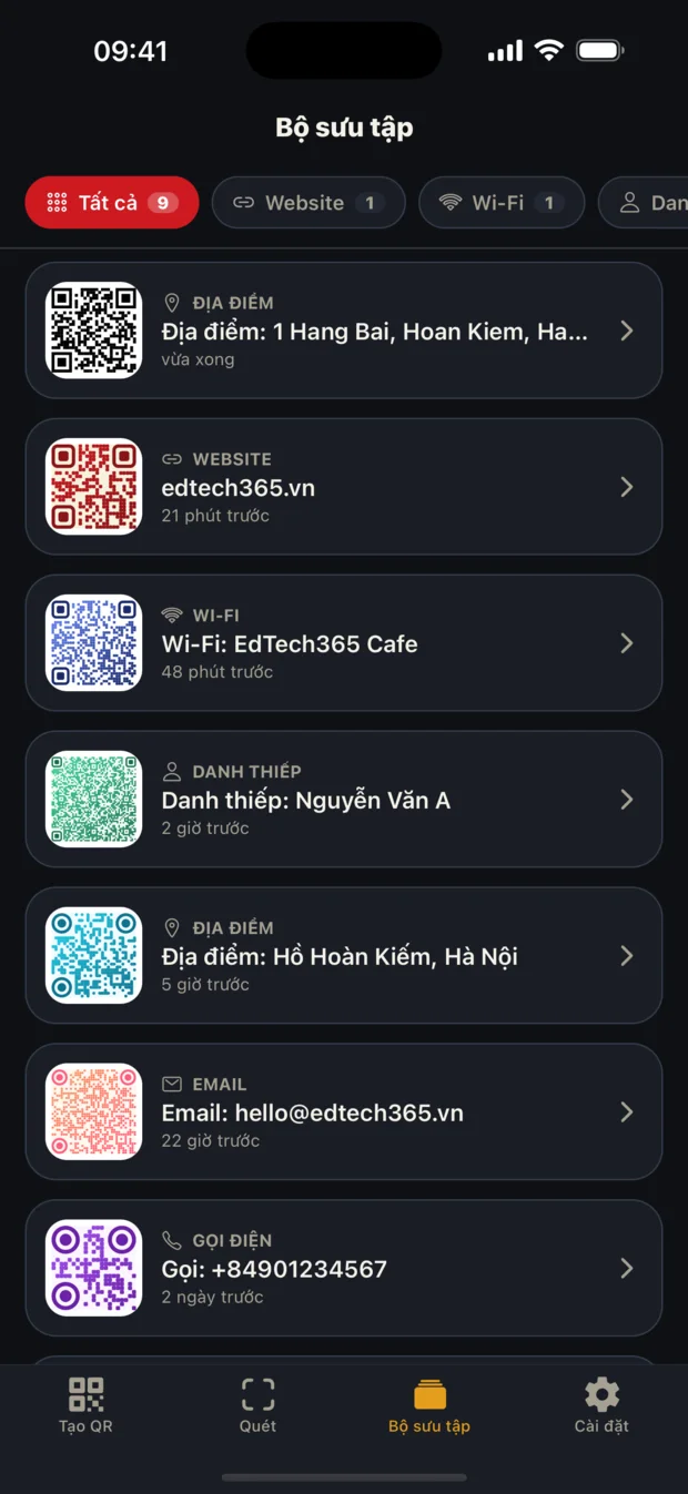 Bộ sưu tập lưu mọi mã QR đã tạo và đã quét