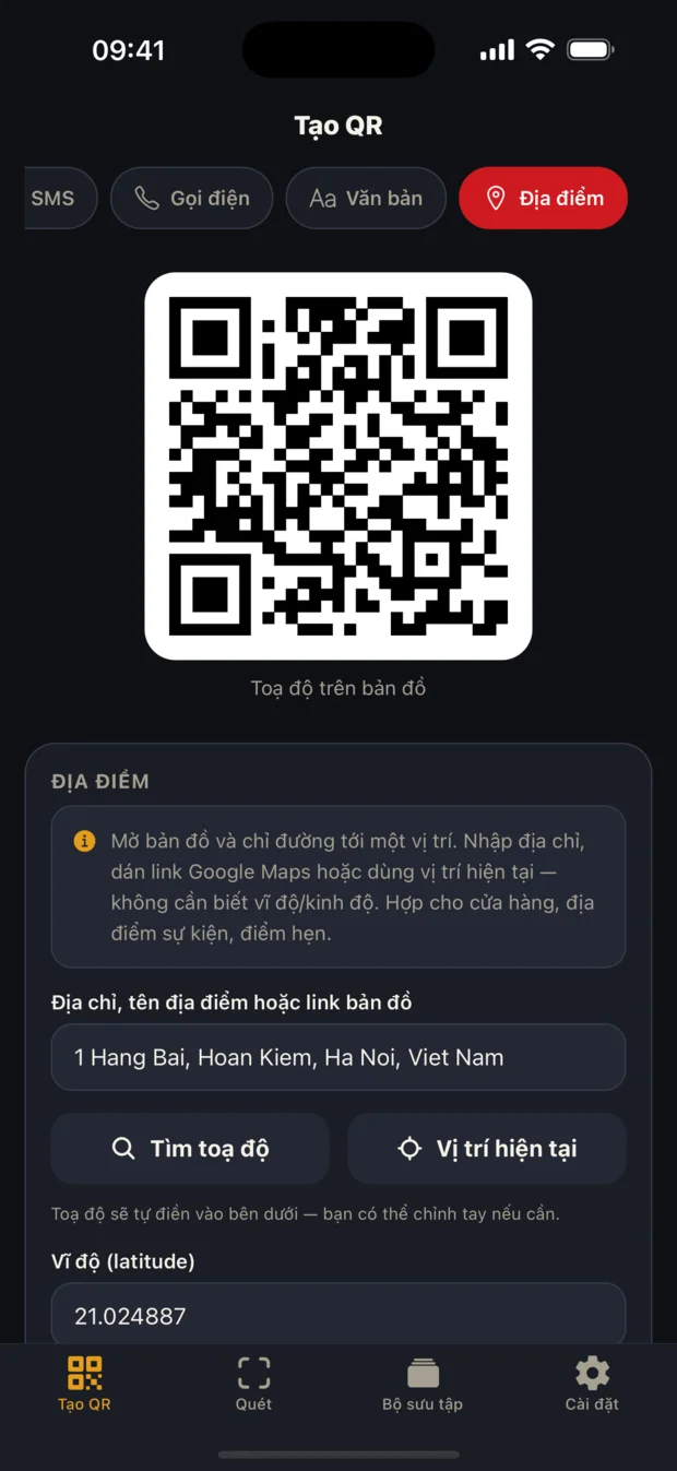 Tạo mã QR địa điểm từ địa chỉ hoặc vị trí hiện tại